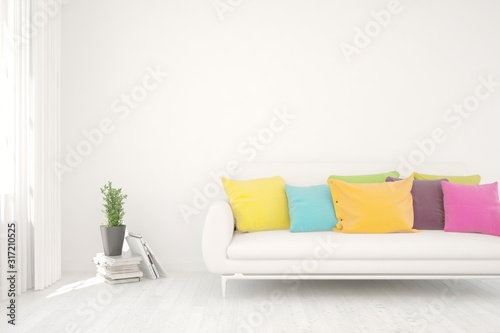 Stylish room in white color with colorful furniture. Scandinavian interior design. 3D illustration