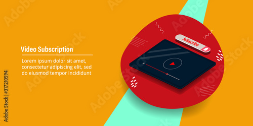 Video marketing, digital multimedia content, subscribe to video channel concept. Isometric design with text. Web banner template.