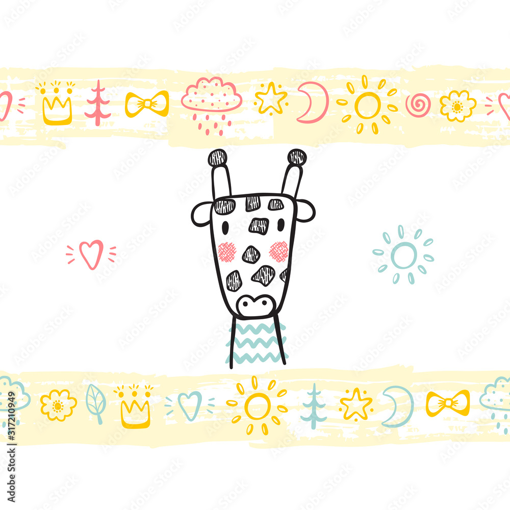 T-shirt print design for kids with hand drawn doodle cute baby giraffe and paint brush strokes seamless horizontal borders with toys. Baby shower card. Cartoon Animal vector illustration T-shirt print design for kids with hand drawn doodle cute baby giraffe and paint brush strokes seamless horizontal borders with toys. Baby shower card. Cartoon Animal vector illustration