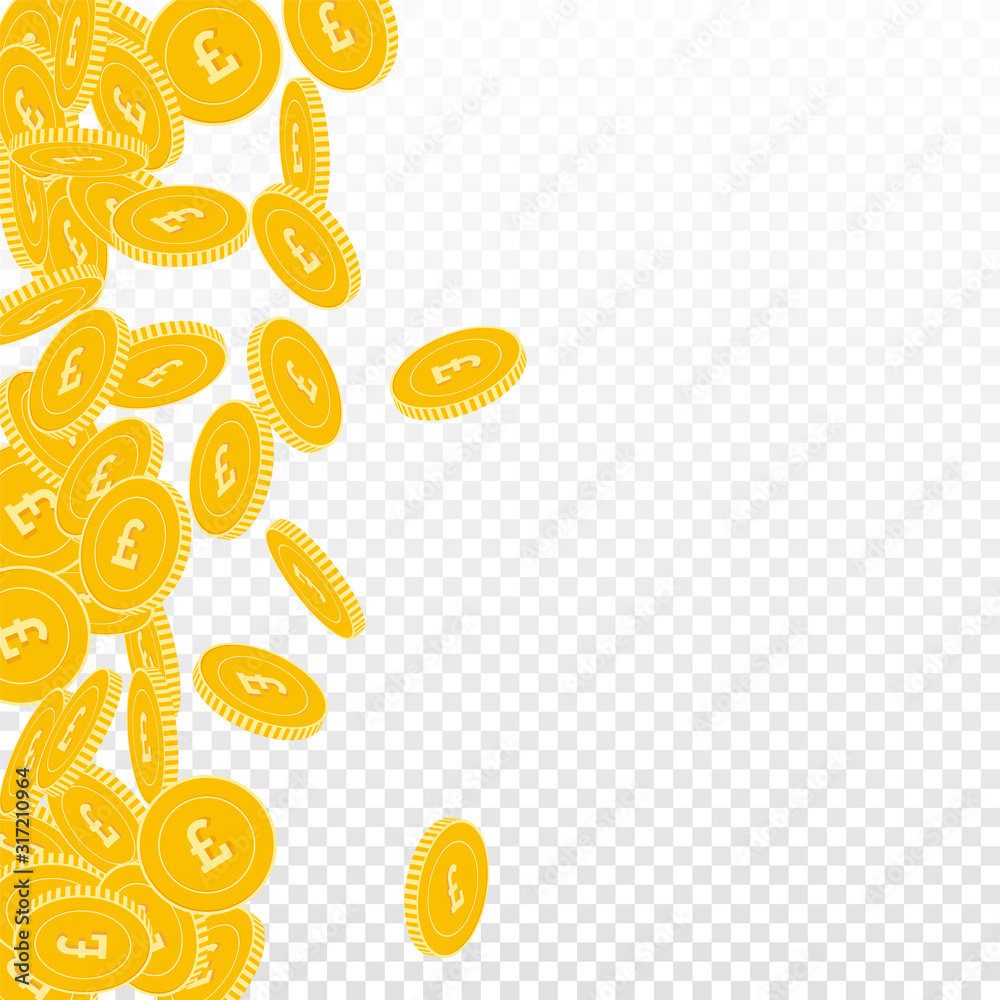 British pound coins falling. Scattered big GBP coi British pound coins falling. Scattered big GBP coi