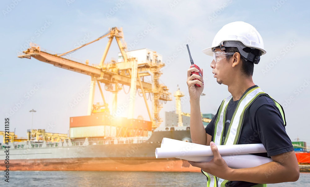 Logistics and transportation Container Cargo ship and Cargo plane with working crane bridge in shipyard background, logistic import export background and transport industry. Logistics and transportation Container Cargo ship and Cargo plane with working crane bridge in shipyard background, logistic import export background and transport industry.