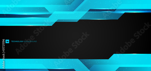 Abstract layout modern technology design banner web template metallic blue frame geometric overlapping with lighting and particle on black background.