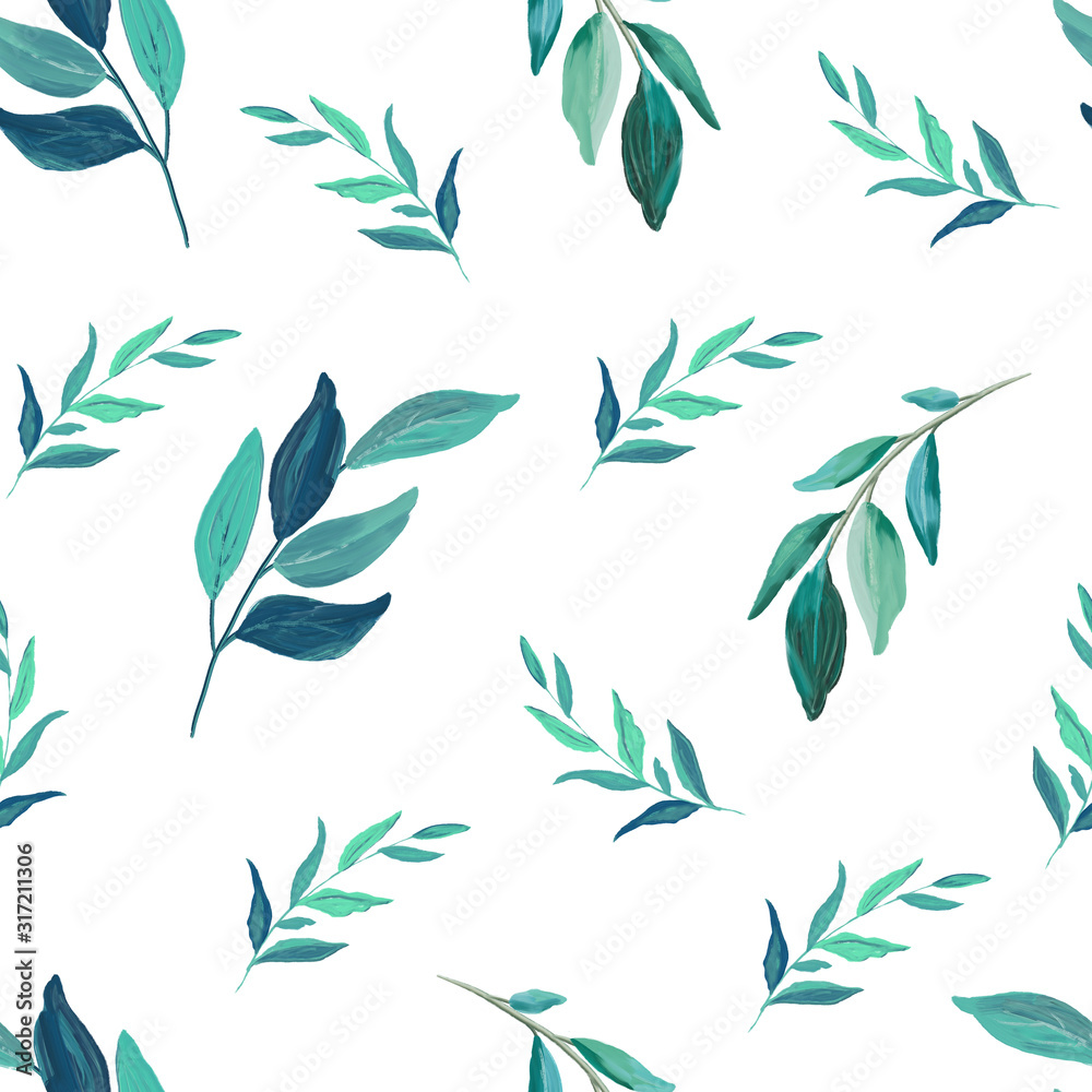 Mint floral seamless pattern on white background. Hand drawn painting decoration for wedding invitation, birthday, business, anniversary, party invitation, holidays.