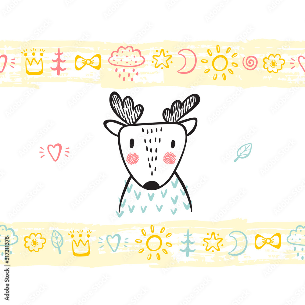 T-shirt print design for kids with hand drawn doodle cute baby deer and paint brush strokes seamless horizontal borders with toys. Baby shower card. Cartoon Animal vector illustration T-shirt print design for kids with hand drawn doodle cute baby deer and paint brush strokes seamless horizontal borders with toys. Baby shower card. Cartoon Animal vector illustration