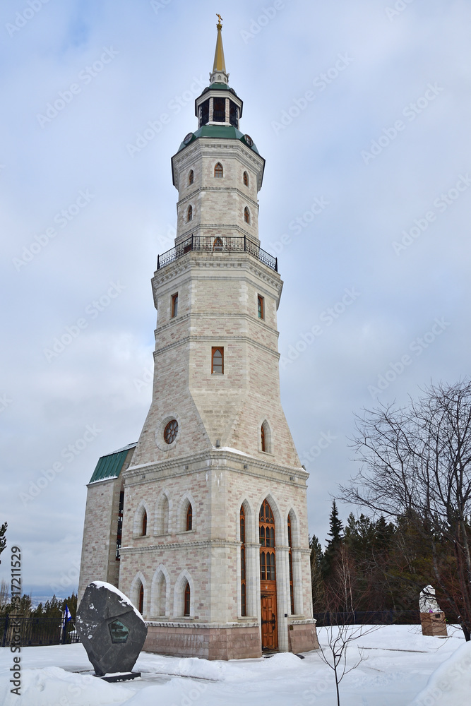 Bell tower in Zlatoust on Red hill. Chelyabinsk region, Russia