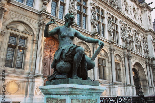 Bronze Antique statue of Science from Jules Blanchard at 1882 by City Hall in Paris, France