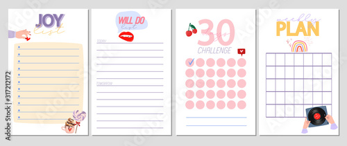 Collection of weekly or daily planner, note paper, to do list, stickers templates decorated by cute romantic elements and human hands illustrations and lovely typography quote. Vector Illustration.