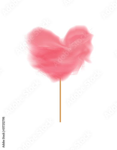 Vector cotton sugar candy in the shape of heart isolated on the white background. 