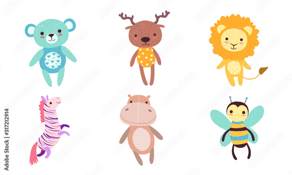 Cute Toy Animals Collection, Bear, Deer, Lion, Zebra, Hippo, Bee Vector Illustration