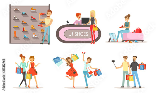 People Shopping in a Mall Collection, Male and Female Customers Buying Clothes and Shoes in Store Vector Illustration