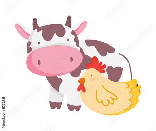cow with chicken in head fence and fruits trees farm animal cartoon