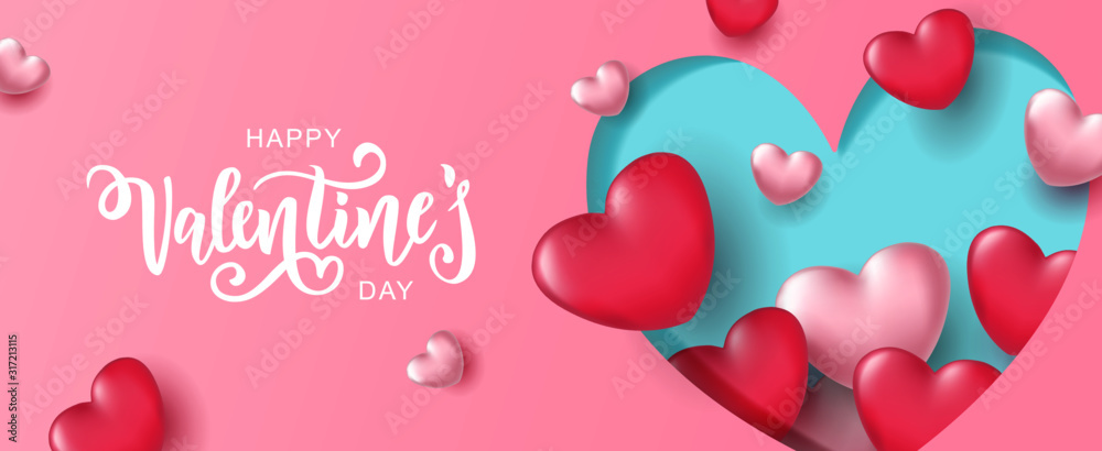 Happy Valentine's day text, hand lettering typography poster. Vector illustration. Romantic quote postcard, card, invitation, banner template.  - obrazy, fototapety, plakaty 