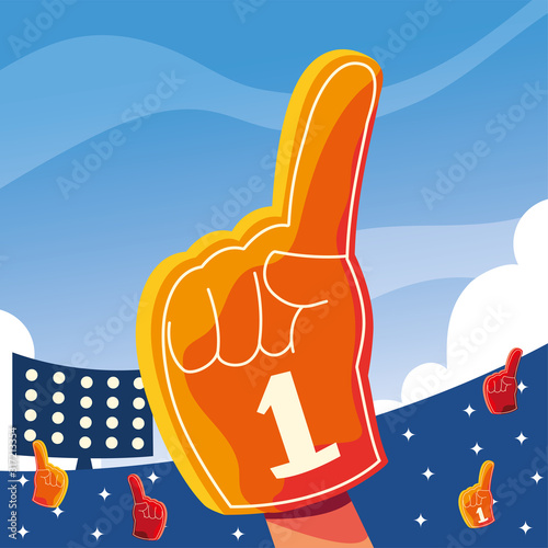 hand glove with number 1 fan, yellow foam finger