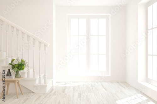 Empty room in white color with stair and modern table. Scandinavian interior design. 3D illustration