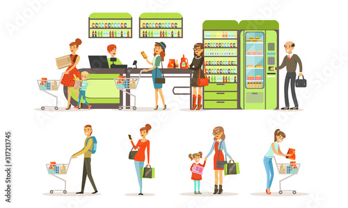 People Shopping in a Mall Collection, Customers Buying Groceries in Store Vector Illustration