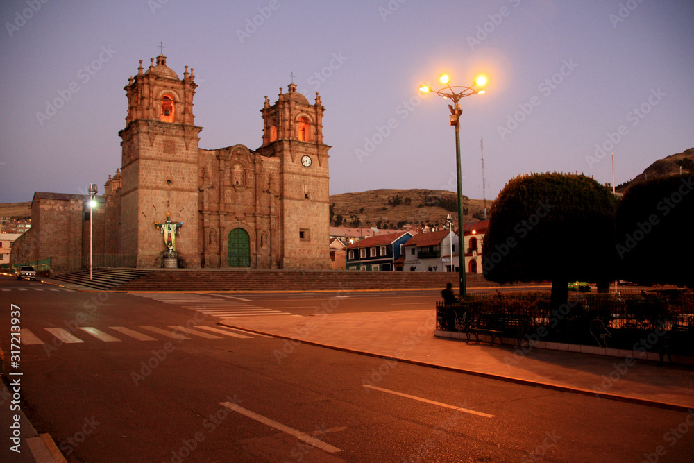 The Main Square and the Cathedral of Puno, Peru, after Sunset