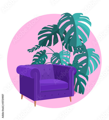 Scandinavian style interior vector fragment. Art Nouveau armchair surrounded by home plant. Monstera plant. Cosiness and comfort.