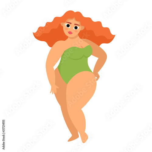 Vector illustration of bodypositive woman in swimsuit isolated on white.