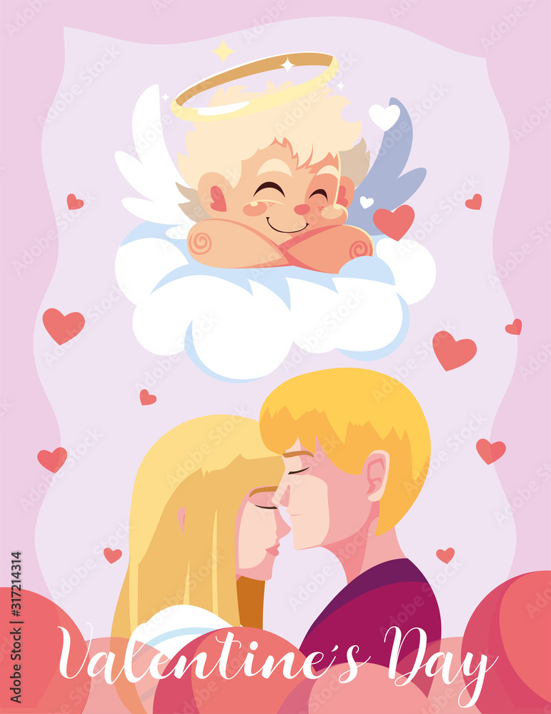 greetings card for valentines day, couple in love and sweet cupid angel