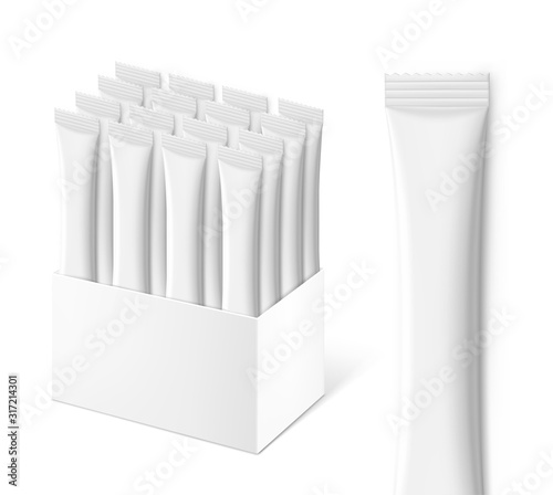Show box blank mockup with set of sachet packaging insight in the food, cosmetic and hygiene. Vector illustration on white background. Ready for your design. EPS10.	