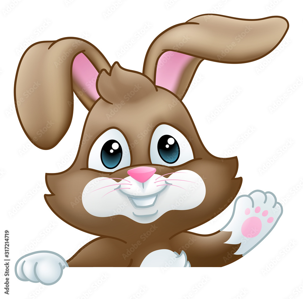 Fototapeta premium Easter bunny rabbit cartoon character peeking over a sign background and waving