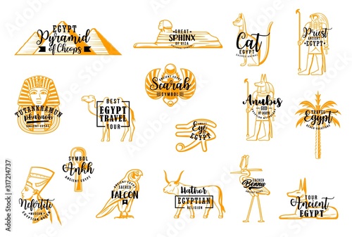 Egyptian vector travel icons. Pyramid of Cheops, Sphinx Giza, egyptian cat, priest. Tutankhamun and Scarab, Anubis and palms, ancient Horus and Hathor God, Nefertiti and ankh, sacred bennu