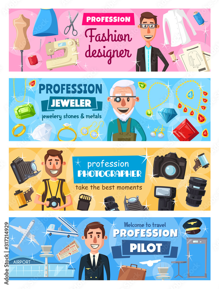 Profession characters, fashion designer, jeweler and photographer, aviation pilot. Vector professional equipment, jewelry tools, camera, tailoring scissors and airplane, airport and clothes