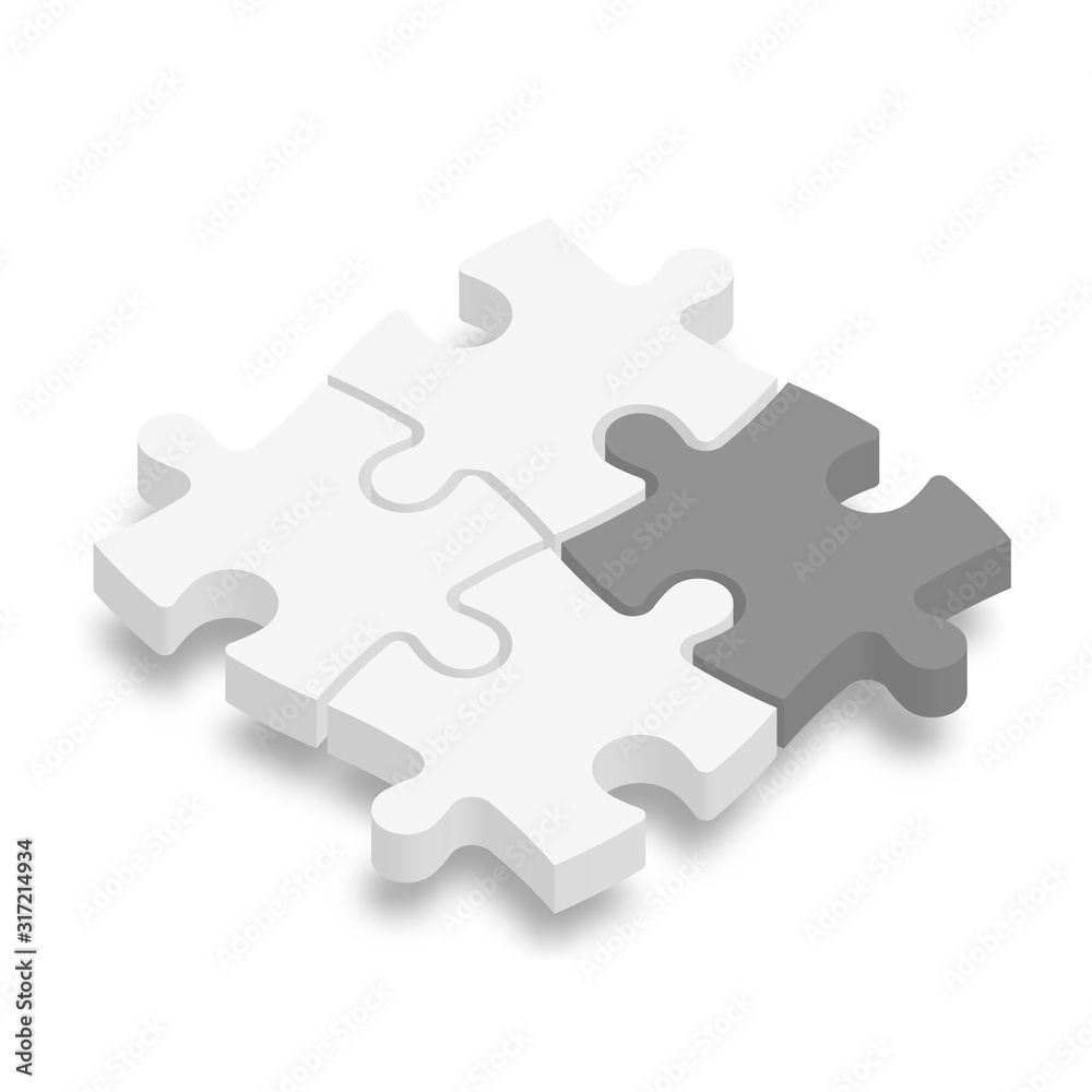 3D jigsaw puzzle pieces. White pieces with one dark grey highlighted. Team cooperation, teamwork or solution business theme. Vector illustration with dropped shadow 3D jigsaw puzzle pieces. White pieces with one dark grey highlighted. Team cooperation, teamwork or solution business theme. Vector illustration with dropped shadow