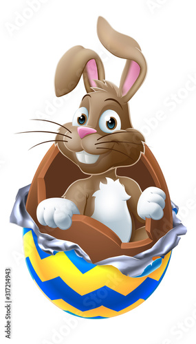 The Easter Bunny breaking out of a chocolate Easter egg cartoon