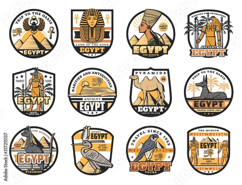 Vector egyptian gods, rarities and antiques, pyramids and museum icons. Camel and scarab, Nefertiti queen and Anubis, Horus God falcon. Egyptian culture, history and religion symbols