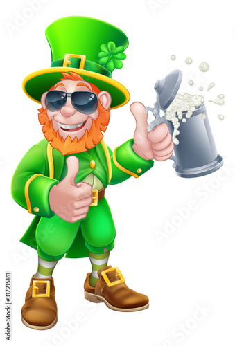 A Leprechaun St Patricks Day cartoon character mascot wearing cool sunglasses holding a drink and giving a thumbs up