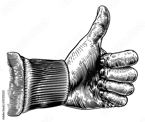 A hand giving a thumbs up sign in a vintage retro woodcut style