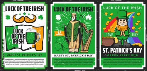 Saint Patrick, Irish flag and leprechaun vector posters, religion holiday of Ireland. Shamrock clover green leaves with beer, pot of gold coins, celtic elf and orange beard