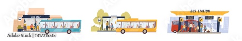 Fotografia Set of colored cartoon bus station isolated on white background