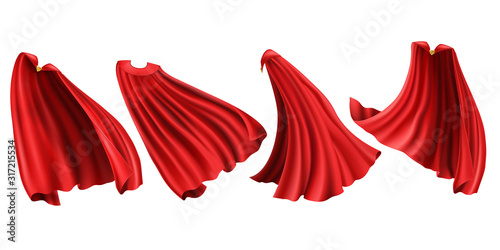 Red cloaks with golden clasp set. Silk flattering capes front, back and side view in different positions isolated on white background, superhero costume. Realistic 3d vector illustration, clip art photo