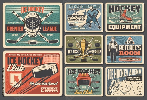 Ice hockey sport equipment, player and referee retro cards. Vector goalkeeper player, helmet, crossed sticks and puck, golden trophy cup and arena. Championship tournament, winter sport, hockey items