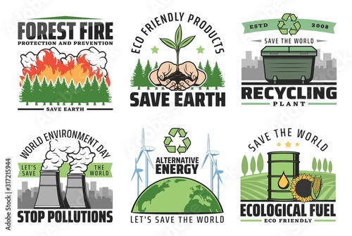 Ecological problems, environment and save earth vector icons. Forest protection and fire prevention, friendly products, recycling plants, environment day, stop pollution, alternative energy sources