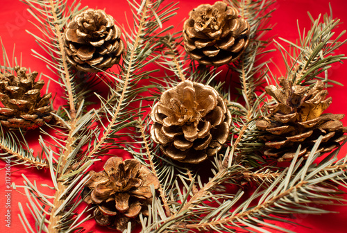Pine cones arranged randomly on pine leaves, on a red background
