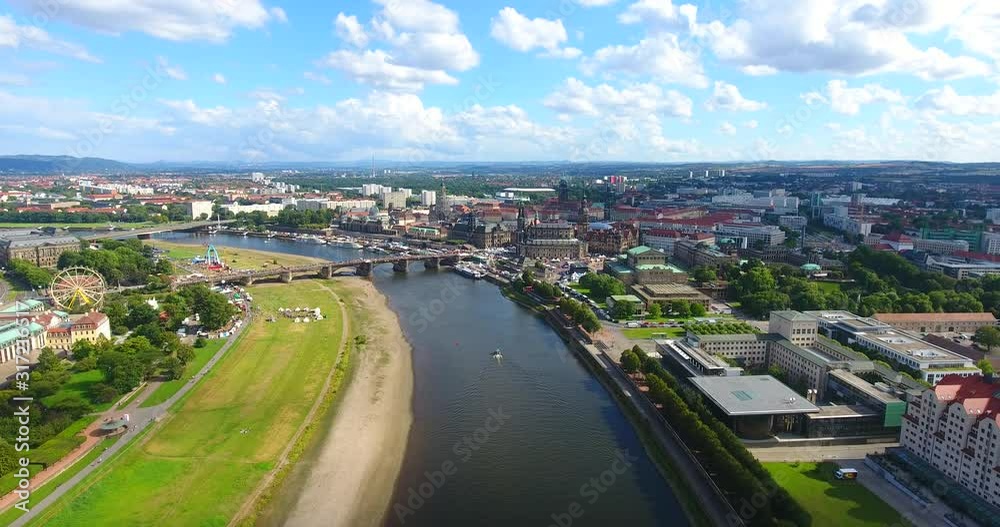 Aerial Drone Shot of Dresden Cityscape  Brühlsche Terrasse, Brühl's Terrace, Saxony Germany