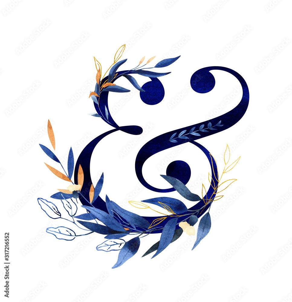 Fototapeta premium Watercolor letter - hand painted floral monogram (logo) in deep blue shades with gold and orange.