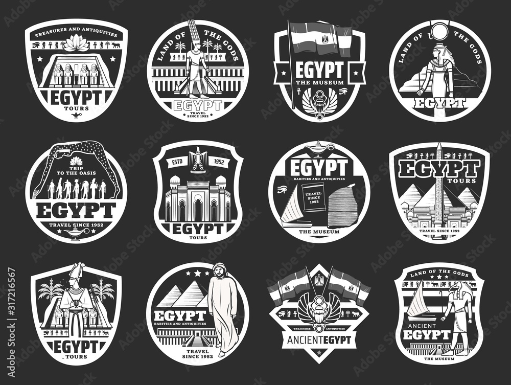 Ancient Egyptian Gods, pyramids and landmark icons. Vector Egyptian travel , history and religion monochrome symbols. Museums, tombs, deities Anubis, Horus, Ra and Anubis, rarities