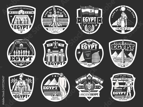 Ancient Egyptian Gods, pyramids and landmark icons. Vector Egyptian travel , history and religion monochrome symbols. Museums, tombs, deities Anubis, Horus, Ra and Anubis, rarities