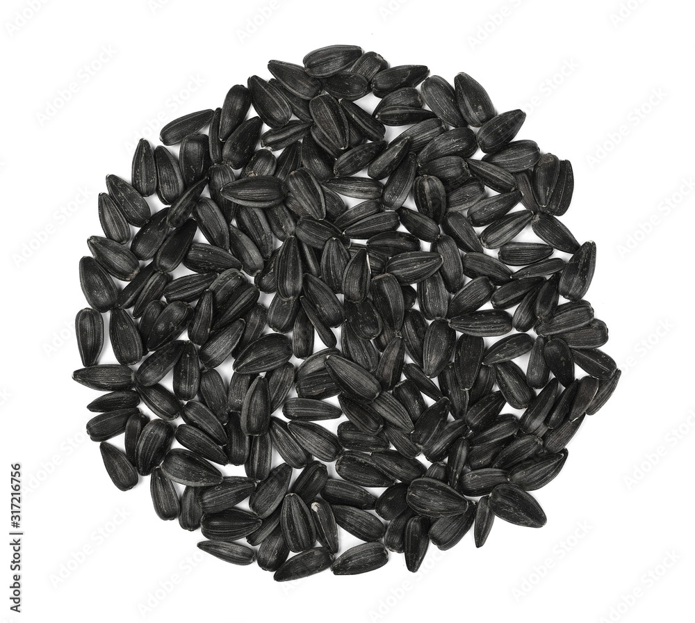 Sunflower seeds isolated on white background, top view Sunflower seeds isolated on white background, top view