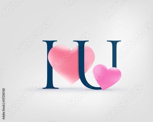 Happy Valentines Day. I love you abbreviated text. Represented by two letters with red and pink hearts. Isolated elements on background. Vector Illustration.