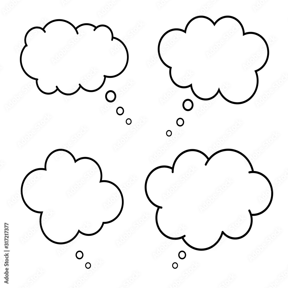 Set of comic style speech bubbles. Empty thinking clouds on white background. Dreams concept. Box for chat. Fun balloon design. Collection of communicate elements. Cartoon idea. Dialogs icon. Vector. Set of comic style speech bubbles. Empty thinking clouds on white background. Dreams concept. Box for chat. Fun balloon design. Collection of communicate elements. Cartoon idea. Dialogs icon. Vector.