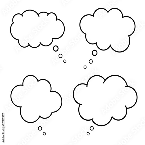 Set of comic style speech bubbles. Empty thinking clouds on white background. Dreams concept. Box for chat. Fun balloon design. Collection of communicate elements. Cartoon idea. Dialogs icon. Vector.