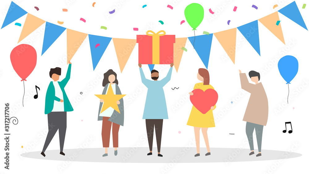 Fototapeta premium Party and fun. The company of young people celebrates the holiday. Holiday. Congratulations to friends. Flat style. Vector illustration