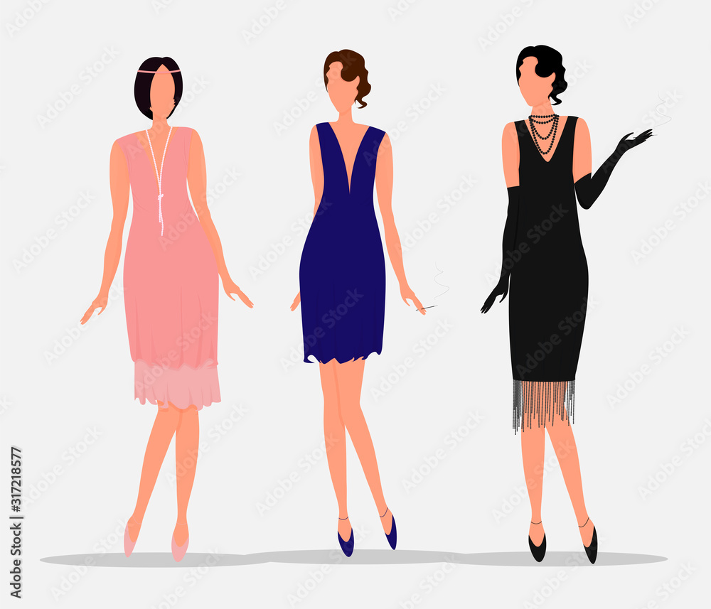 Fototapeta premium Silhouettes of girls of the 1920s. Three girls in full growth. Vector. Flat cartoon style. Isolated on white background
