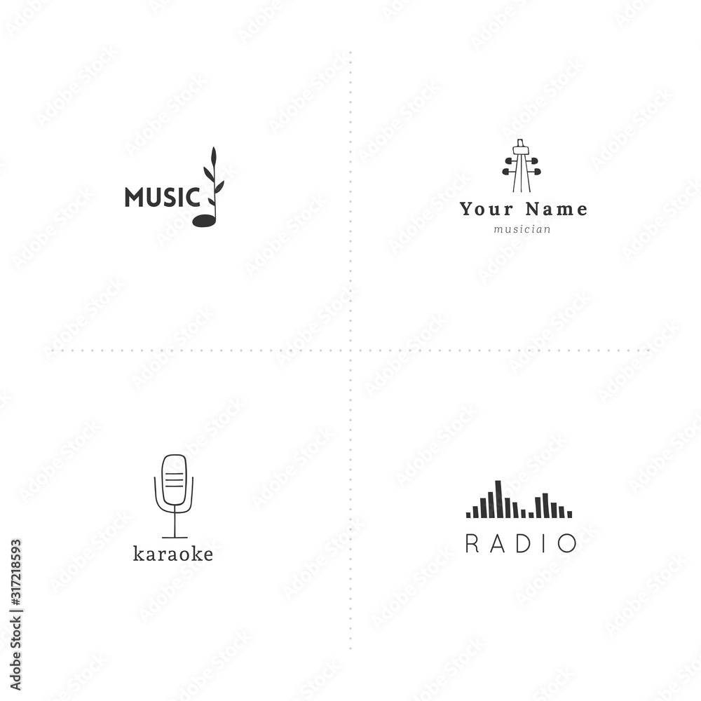 Set of hand drawn vector logo templates. Music and sound record elements.
