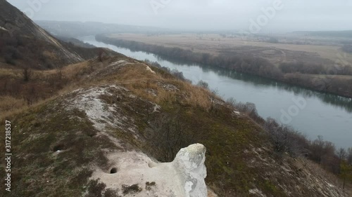 Cretaceous mountains in late autumn. Hiking and flying over the mountains.